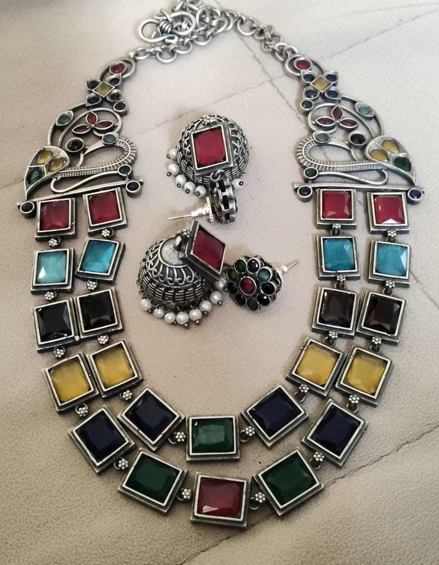 Multi Silver Lookalike Jewellery Set with Jhumka Earrings
