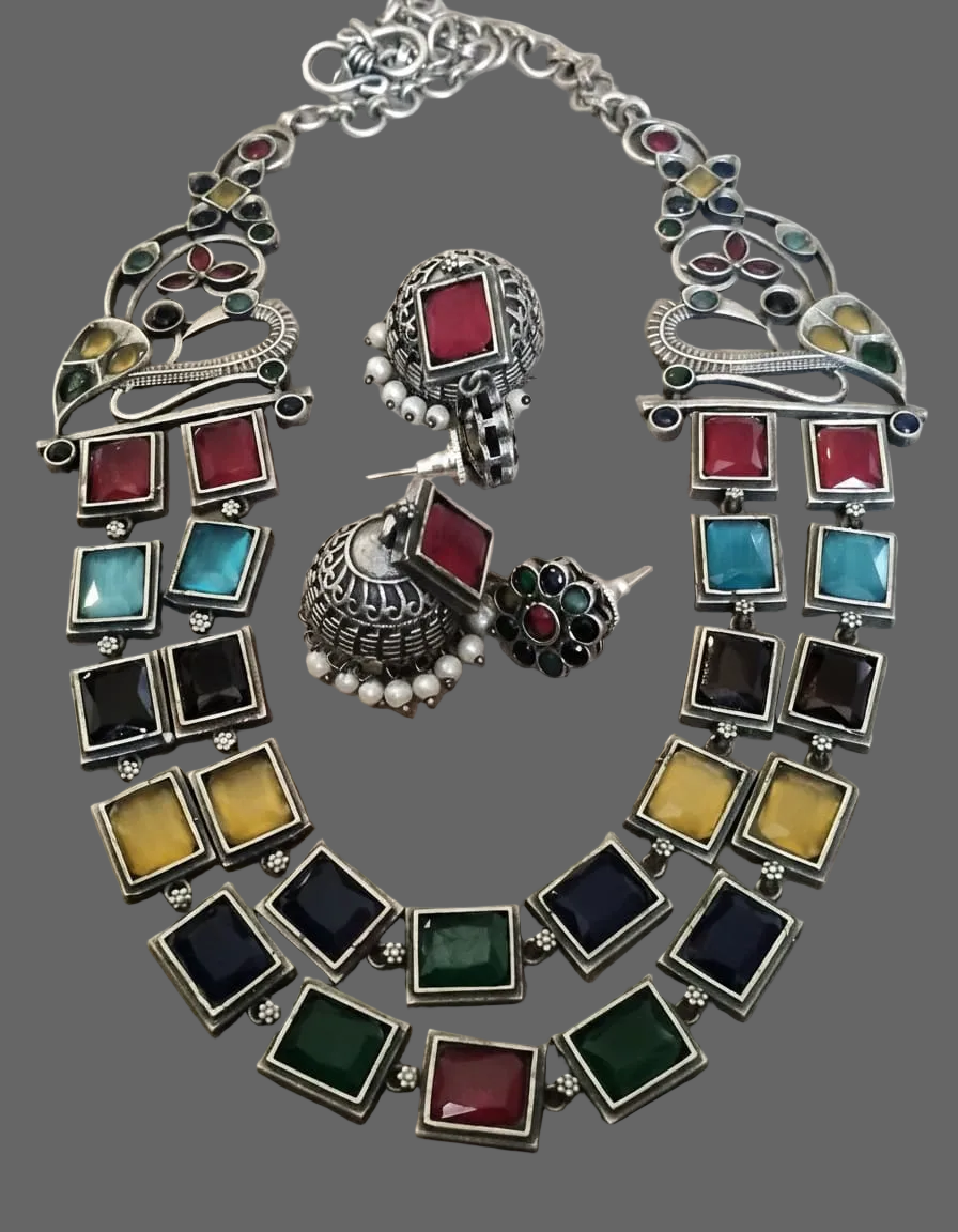 Multi Silver Lookalike Jewellery Set with Jhumka Earrings